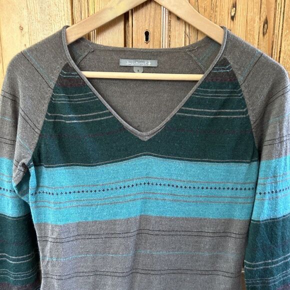 Women's Smartwool Small V-Neck Striped Sweater Ethno Graphic Sweater Gray Green - Picture 2 of 11